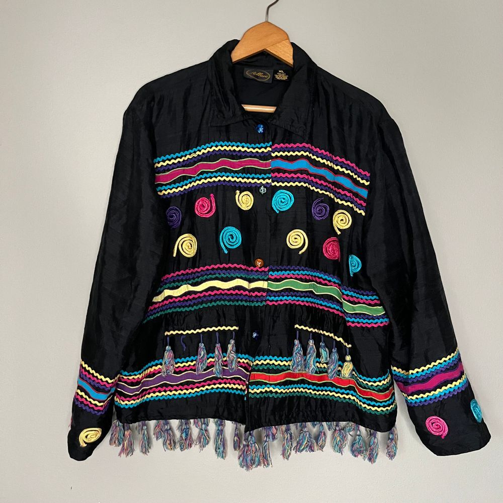 Vintage Allure 100% Silk‎ Artsy Jacket Size XL Colorful Art to Wear Festival